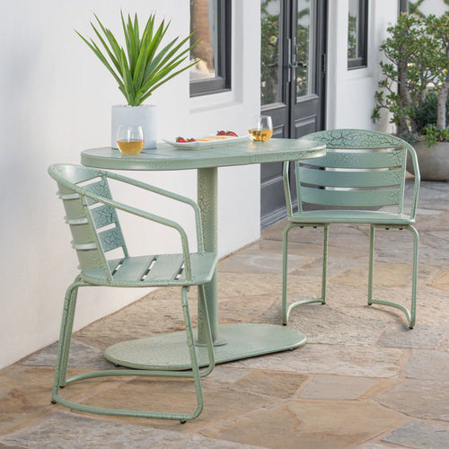 Outdoor Bistro Set Iron Green 3 Piece Oval Table 2 Chairs Matte Finish