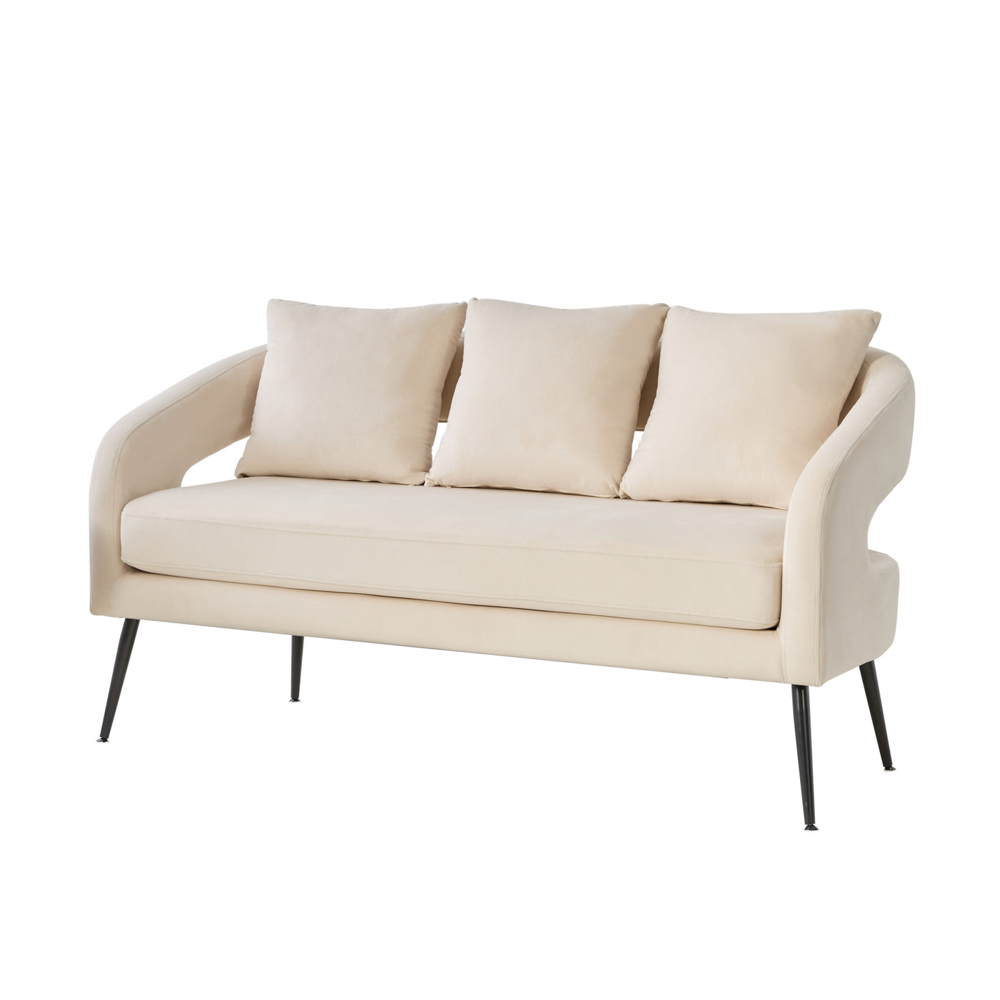 Modern Velvet Loveseat Settee with Pillows, Beige, 53.7