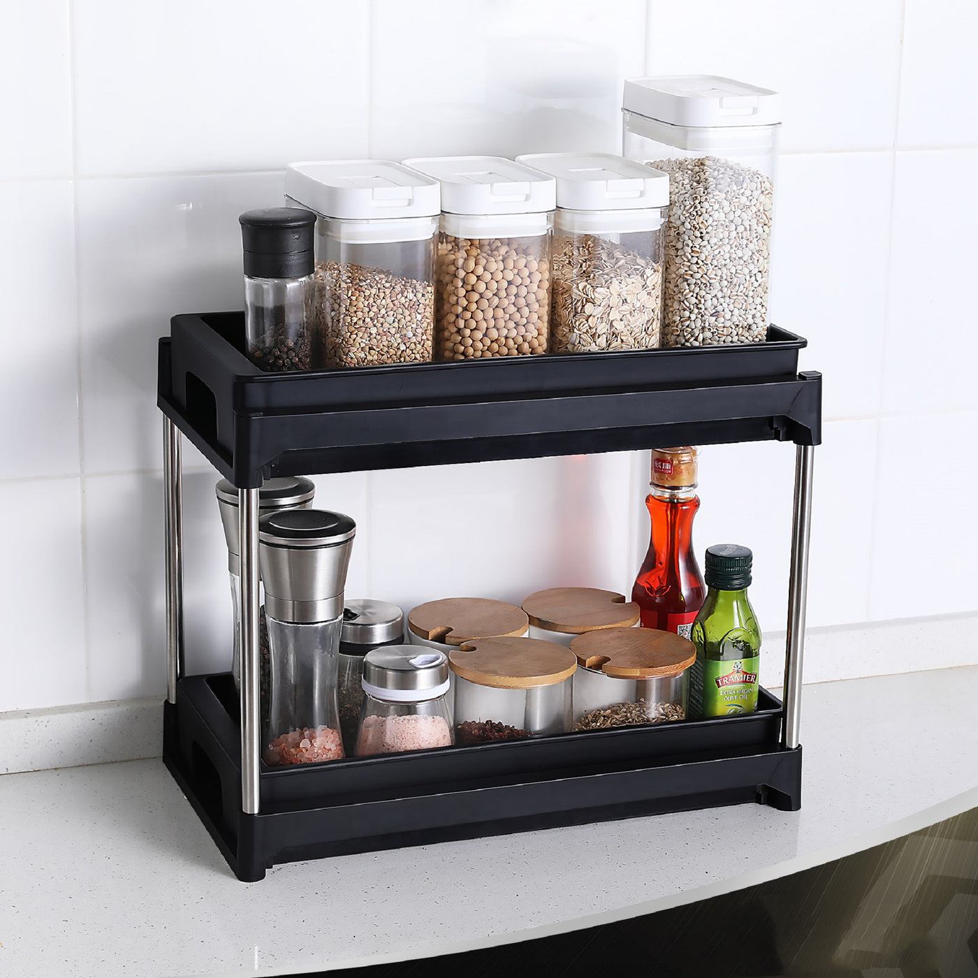 Cabinet Organizer Pull Out Drawers 2 Hooks Black