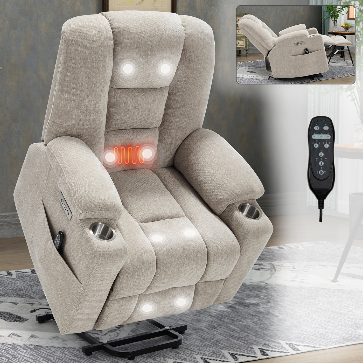 Power Lift Recliner Chair Massage Heat USB Ports Beige