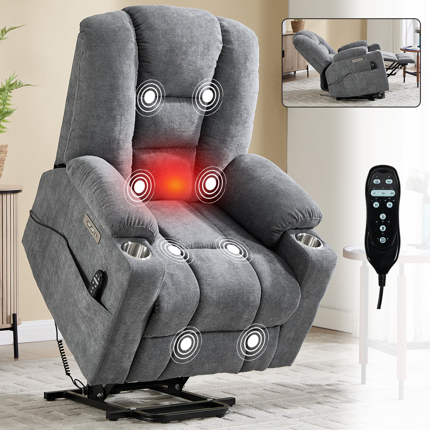 Lift Recliner Chair w/ Massage Heat USB Ports Blue Grey