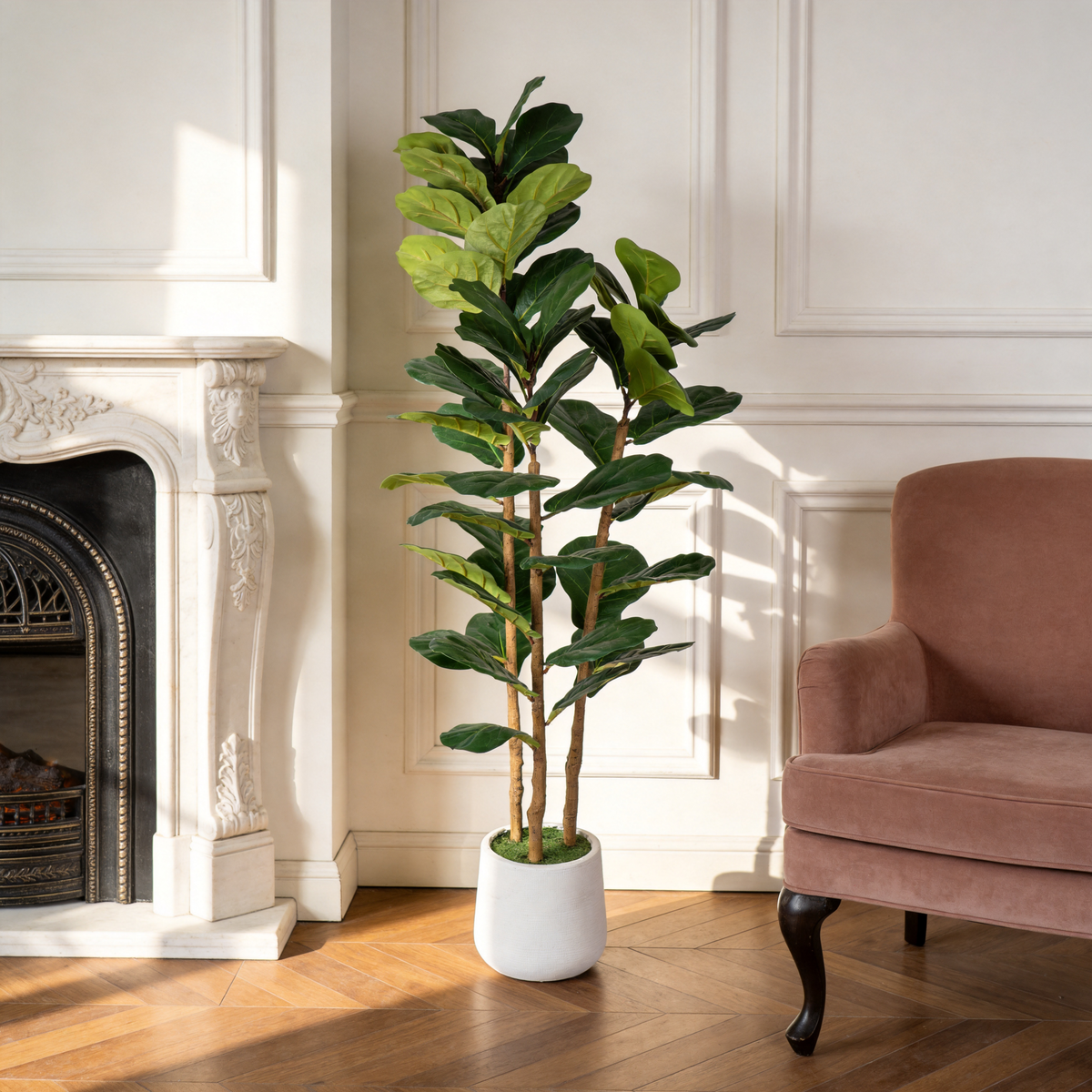 5.2FT Artificial Fiddle Leaf Fig Tree With Decorative White Pot, Real Touch Fake