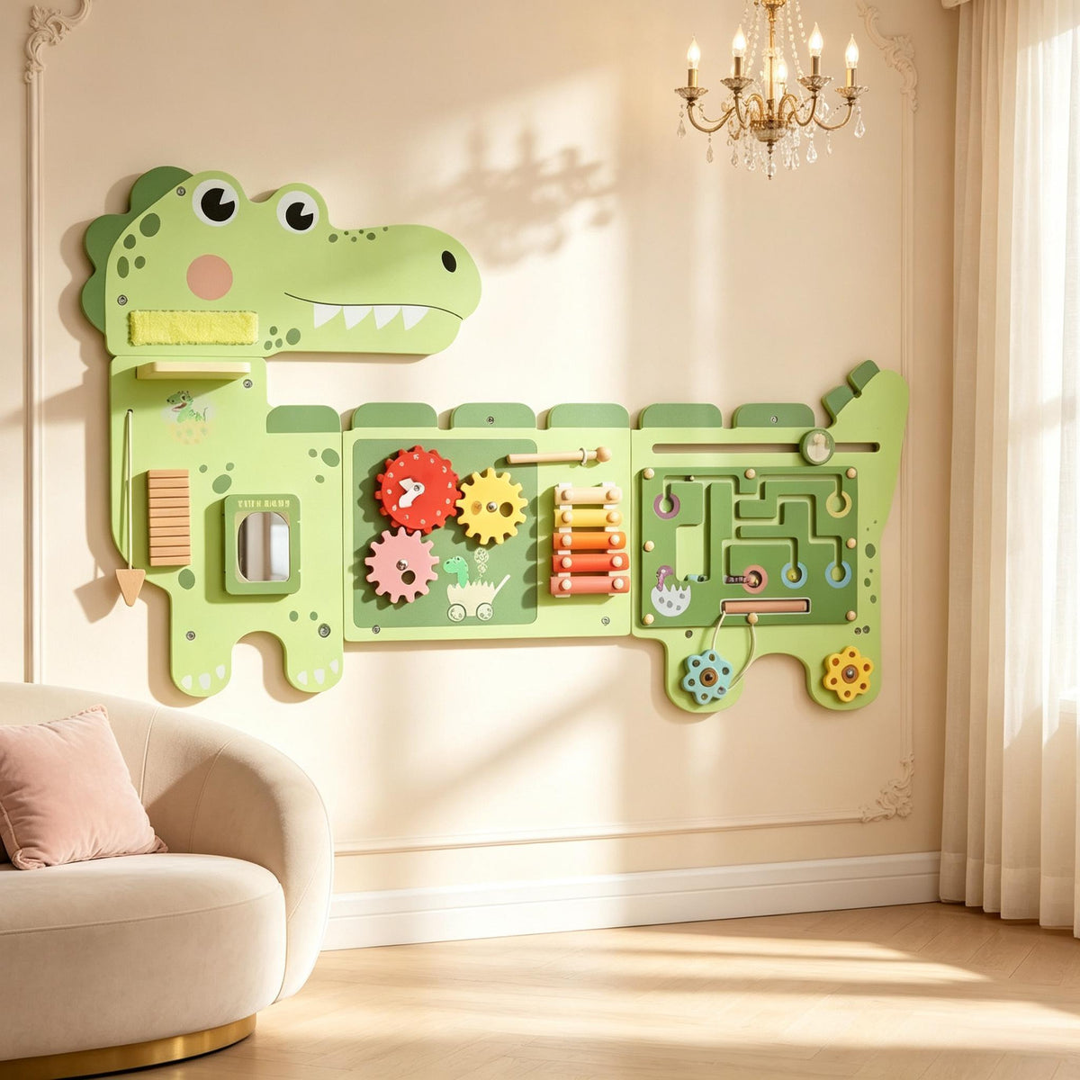 Dinosaur-Themed Kids Activity Board Wall-Mounted Busy Panel