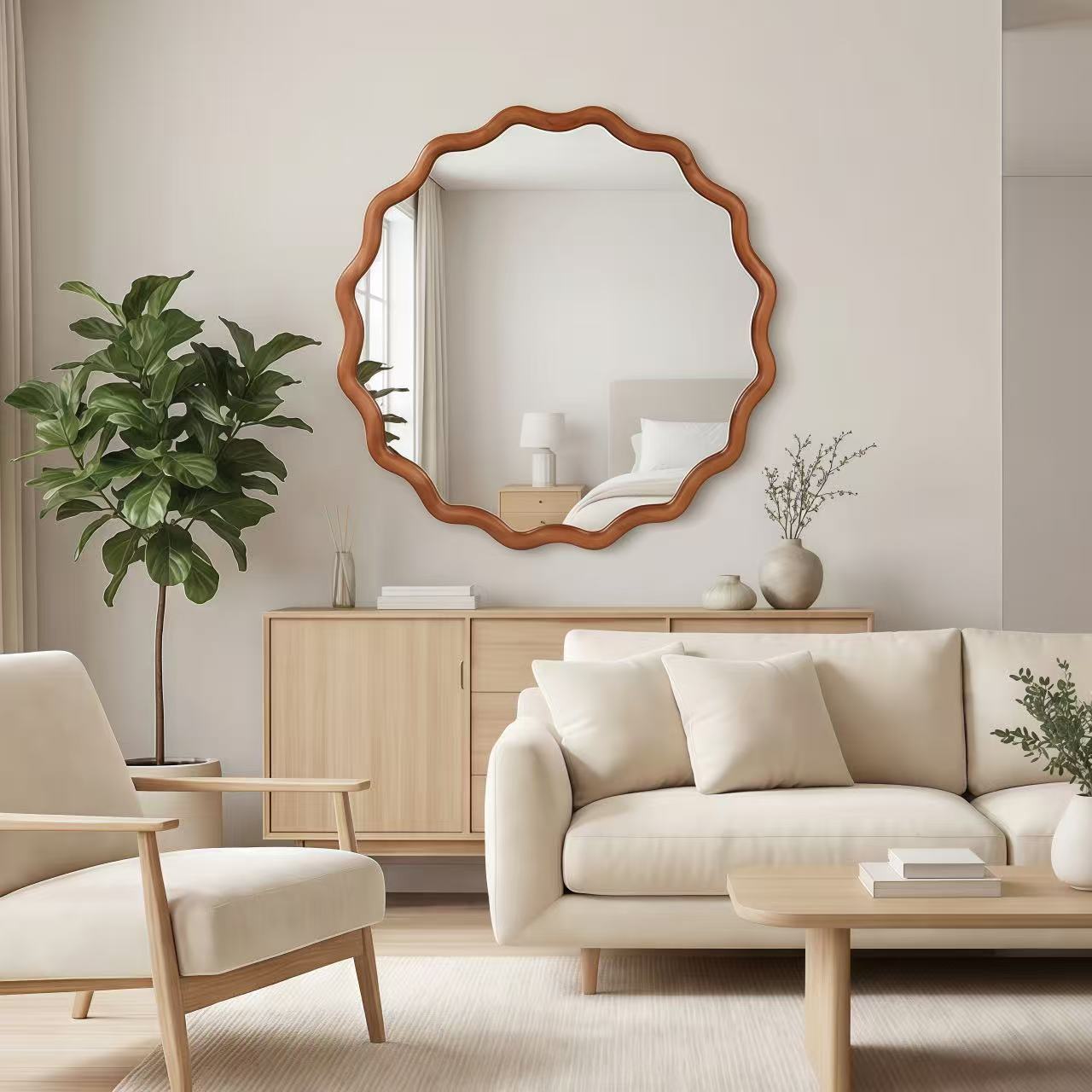 24" Wavy Round Solid Wood Frame Decorative Mirror