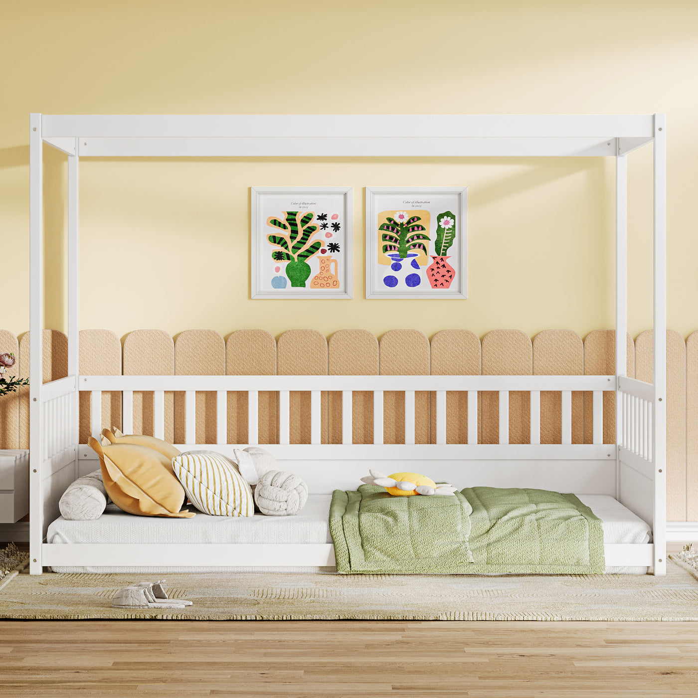 Twin Canopy Bed Frame with Guardrails Wood Poster