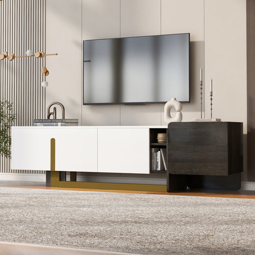 TV Stand Luxury White MDF Metal Legs Drawer 2-Cabinet Fits 70 In TV 66.7 In