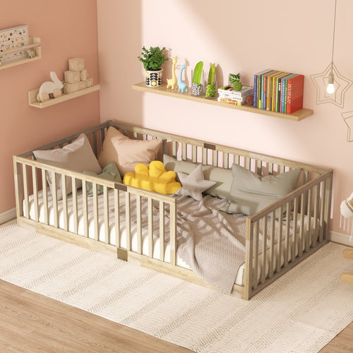 Twin Size Floor Bed with Safety Railings and 6 Slats