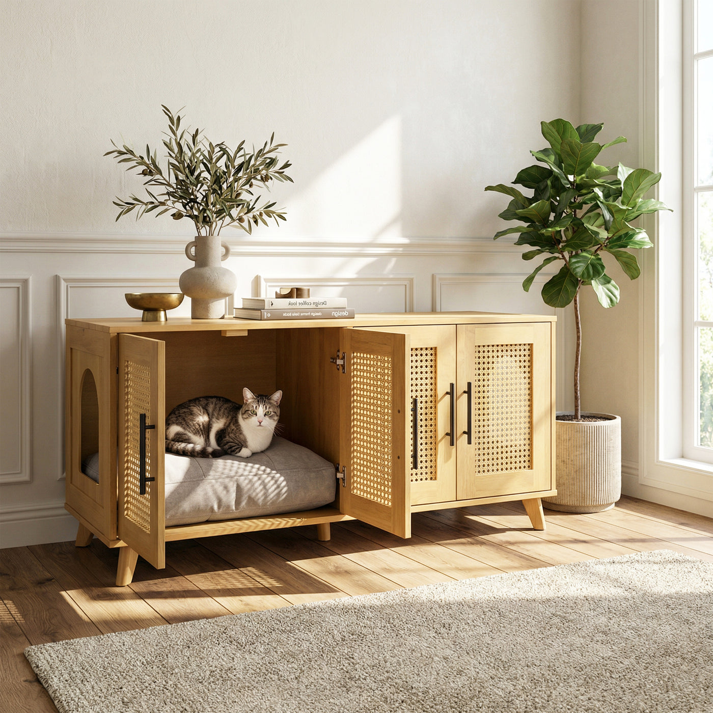 Myra Indoor Premium Rubber Wood Cat Cabinet with Plush Cushion – Stylish Hidden Pet Furniture for Modern Living Spaces
