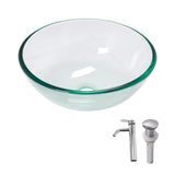 Artistic Tempered Glass Vessel Sink with Chrome Faucet and Pop-up Drain, Clear,