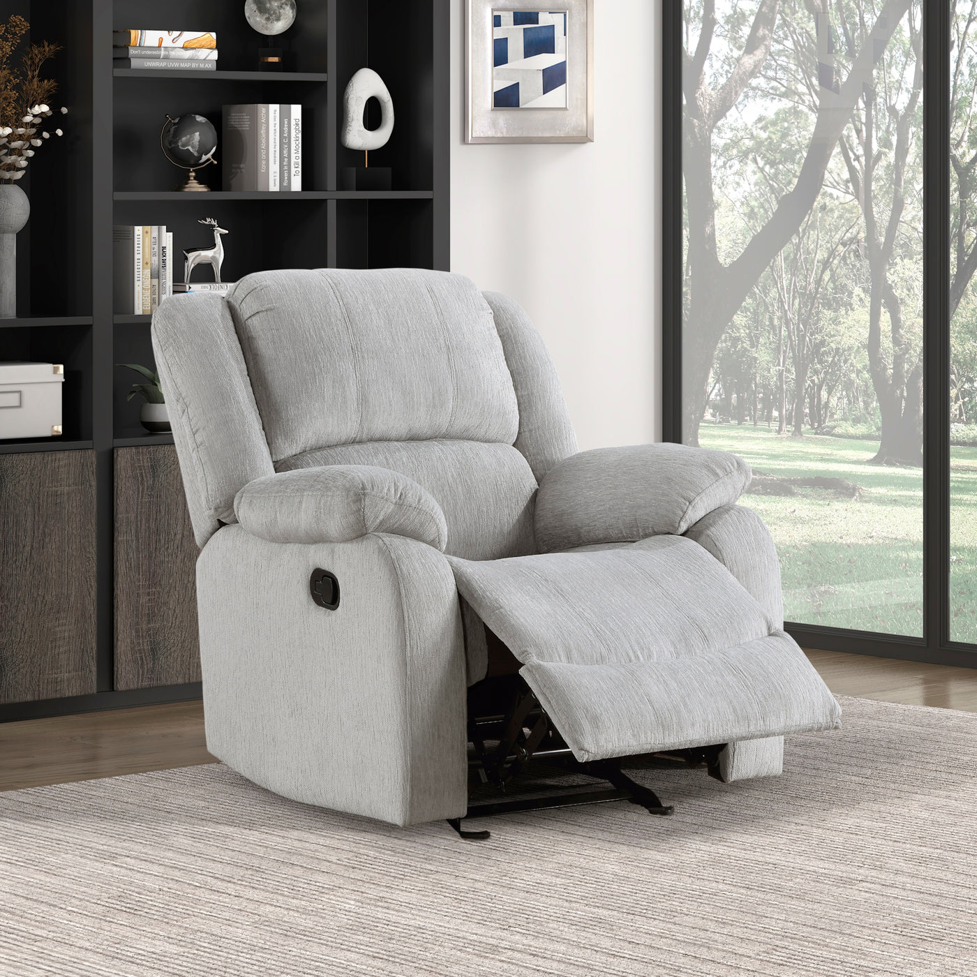 Gray Chenille Reclining Chair Pillowtop Arms Wood Frame