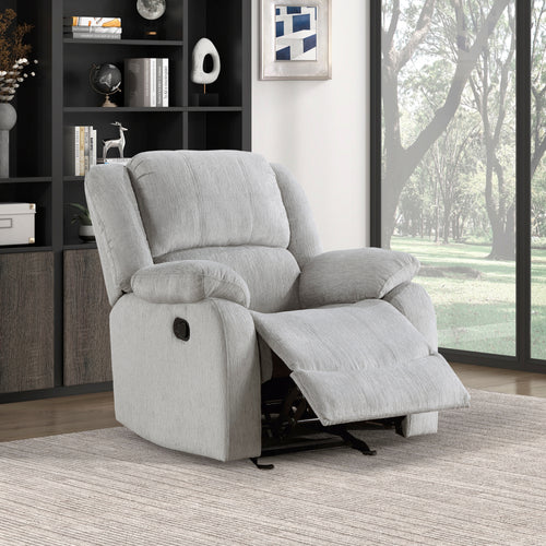 Gray Chenille Reclining Chair Pillowtop Arms Wood Frame