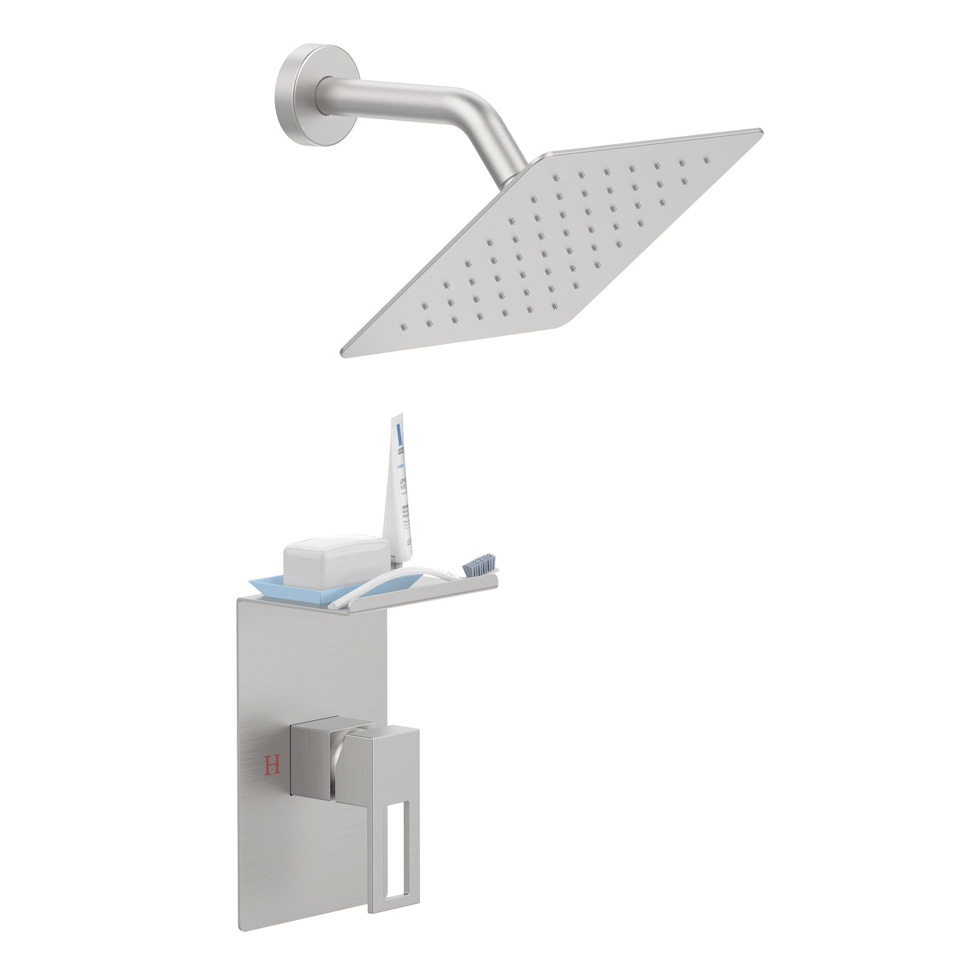 8-inch Rain Shower Head Faucet Set Brushed Nickel Storage Rack