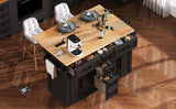 K&K 56.5'' Kitchen Island with Drop Leaf, Power Outlet, Embossed Vertical Stripe
