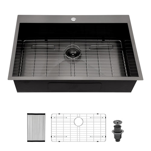 30" Topmount Kitchen Sink Single Bowl Gunmetal Black Stainless Steel 16 Gauge
