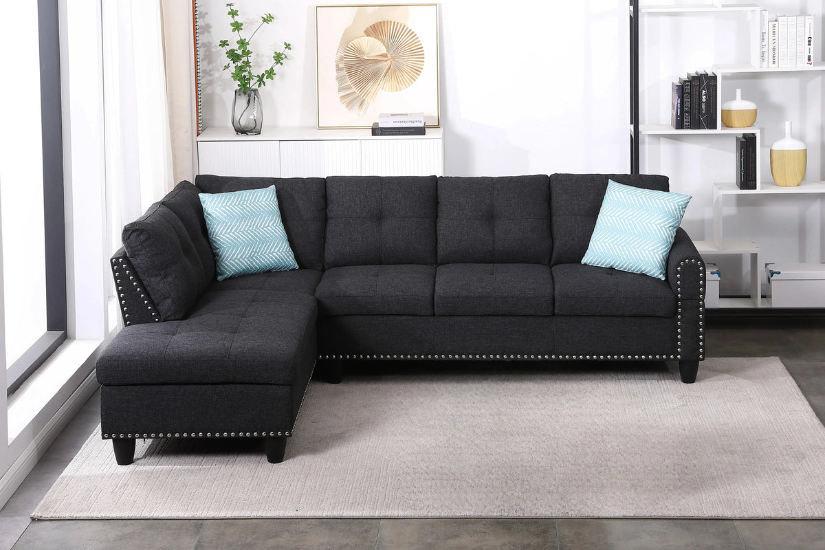 Linen Sectional Sofa with Chaise Charcoal Grey 98"