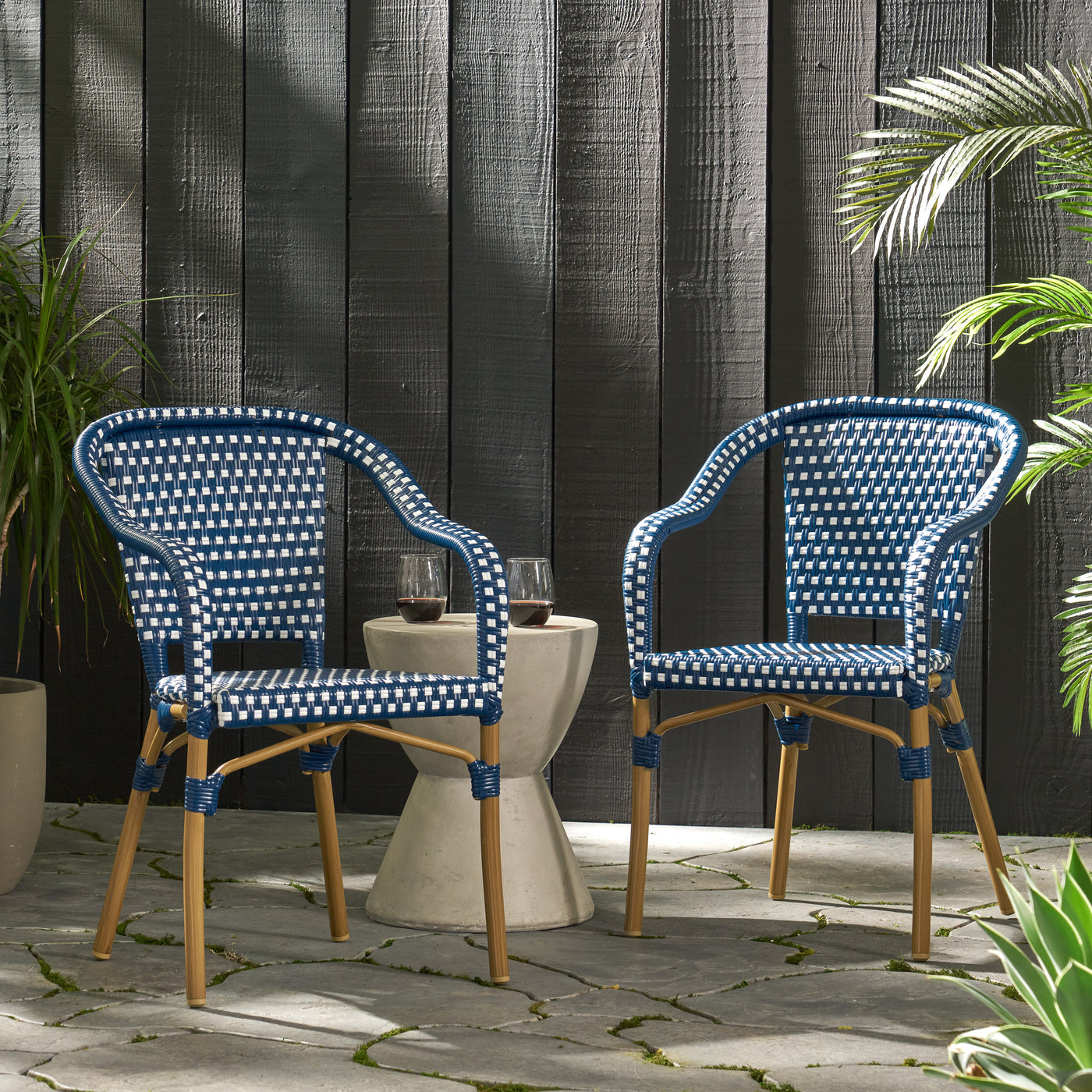 Outdoor Bistro Chair Set of 2, Rattan Wicker Aluminum Frame, White and Navy