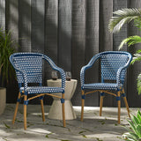 Outdoor Bistro Chair Set of 2, Rattan Wicker Aluminum Frame, White and Navy