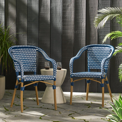 Outdoor Bistro Chair Set of 2, Rattan Wicker Aluminum Frame, White and Navy
