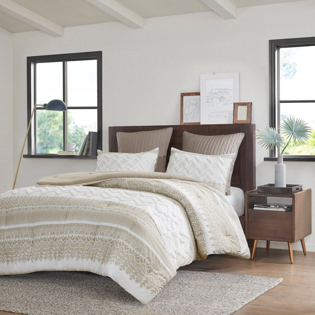 3 Piece Cotton Comforter Set with Chenille Tufting Taupe Full/Queen