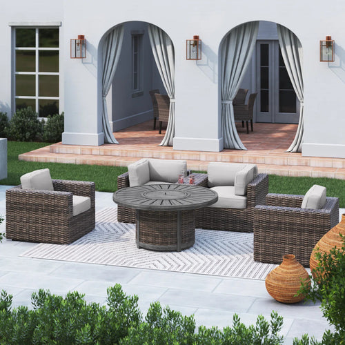 Outdoor Fire Pit Set HDPE Wicker Brown 6 Piece Propane Seats 4