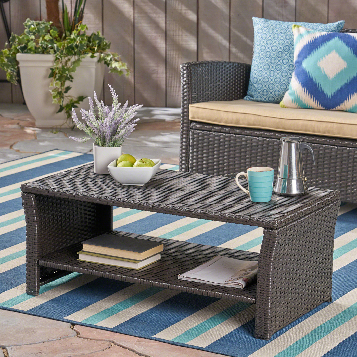 Outdoor Coffee Table Wicker Steel Brown Round 39in