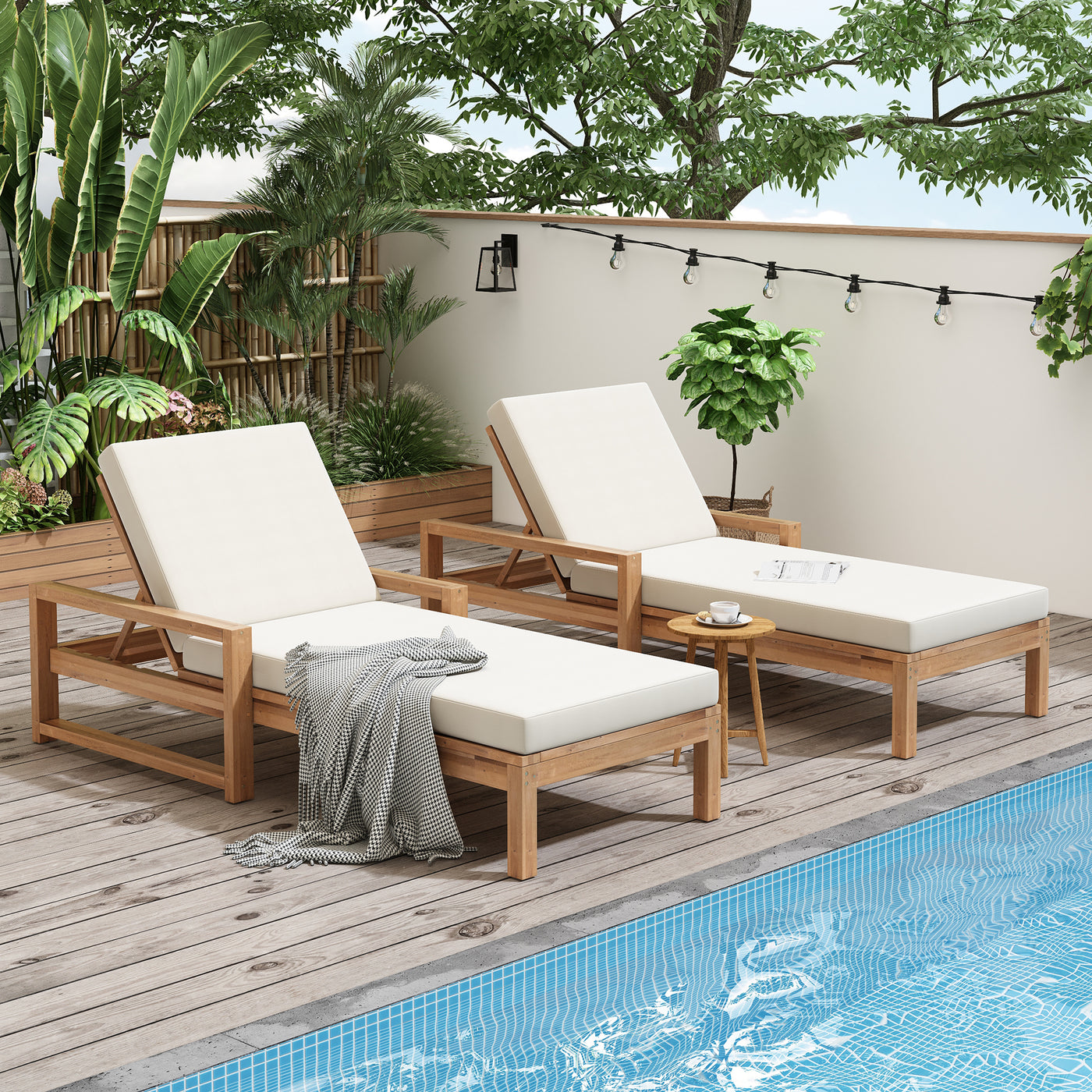 Outdoor Chaise Lounge Acacia Wood Light Teak Beige Cushion 5 Position 2