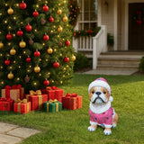 Christmas Pug Statue, Holiday Dog Figurine in Pink Santa Outfit