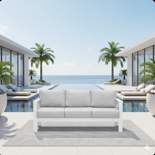 Outdoor Aluminum Sofa 3 Seat 74in White Cushions