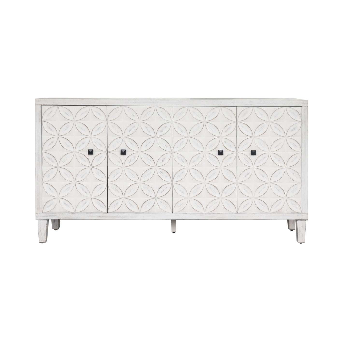 Shabby Chic 4-Door Accent Cabinet, White Washed Wood 60