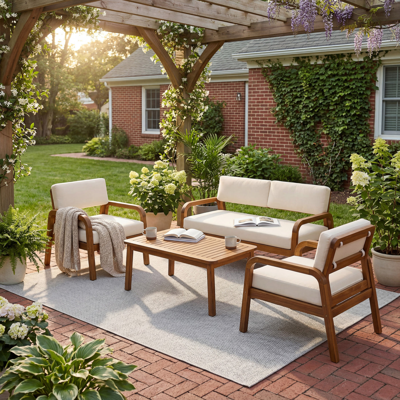 4-Pieces Outdoor Sofa Set with Cushions Outdoor Loveseat & Coffee Table Set,Teak