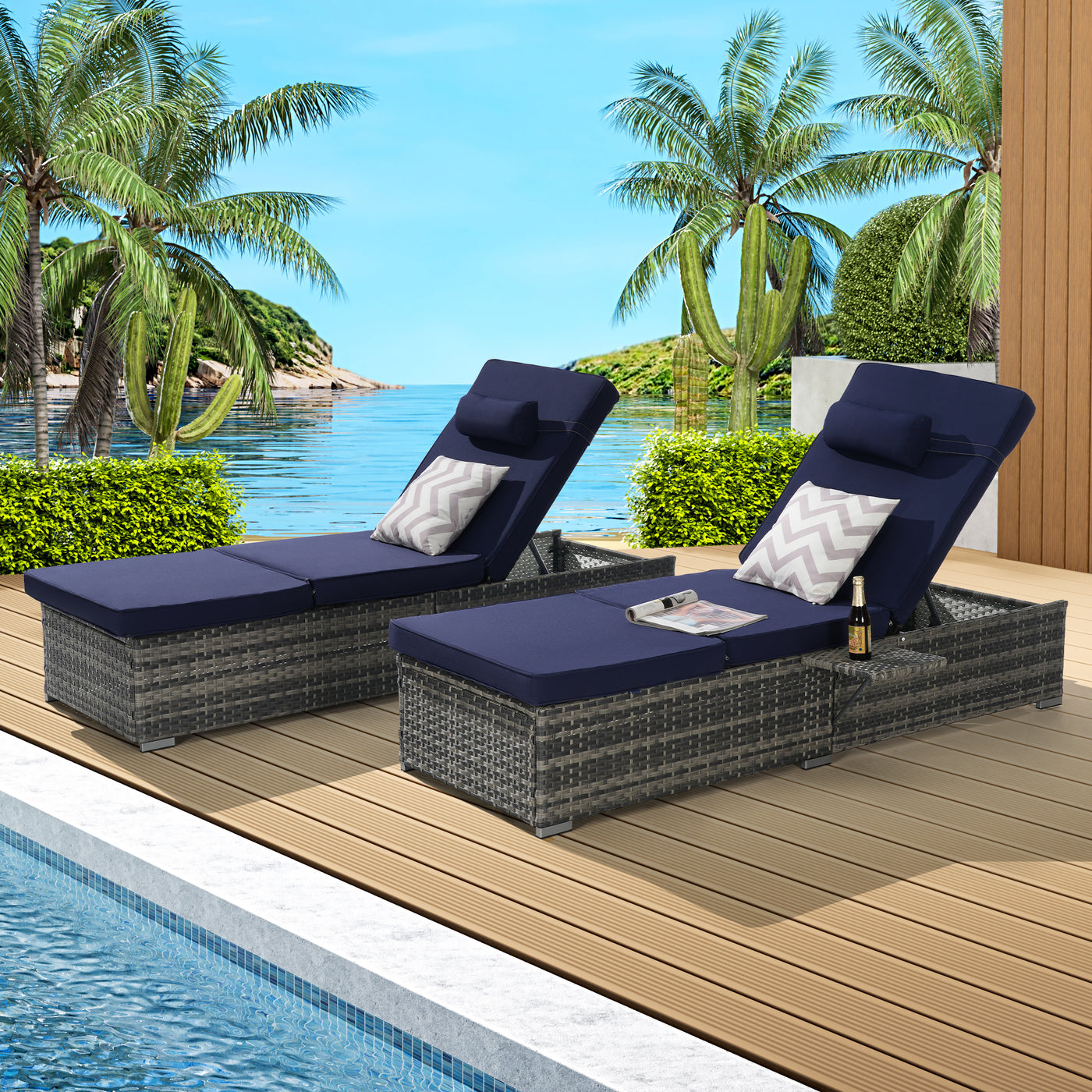 Outdoor Chaise Lounge Chair Set of 2, Rattan Storage Patio Pool Chairs with Cushion
