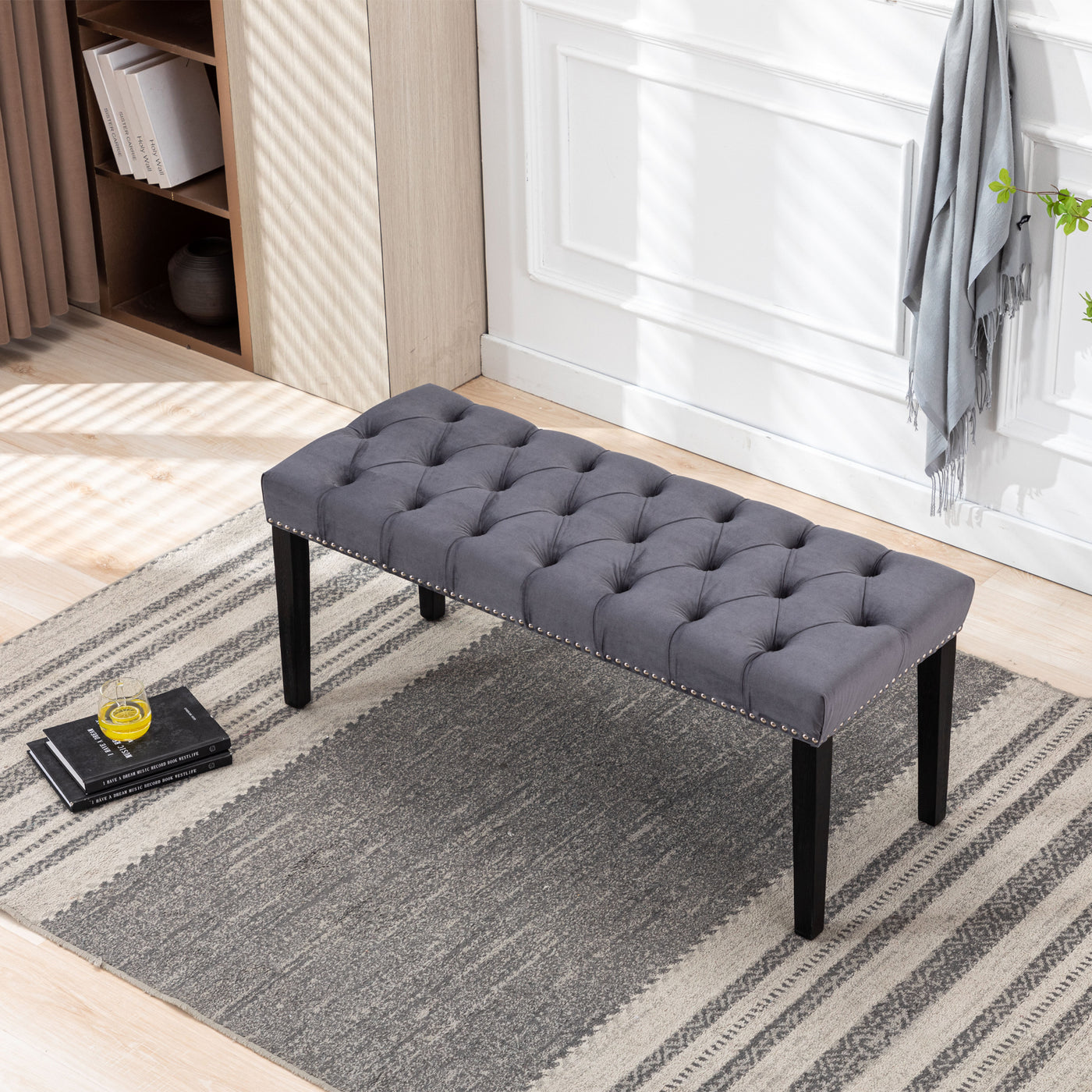 Upholstered Tufted Velvet Ottoman Bench Dark Gray