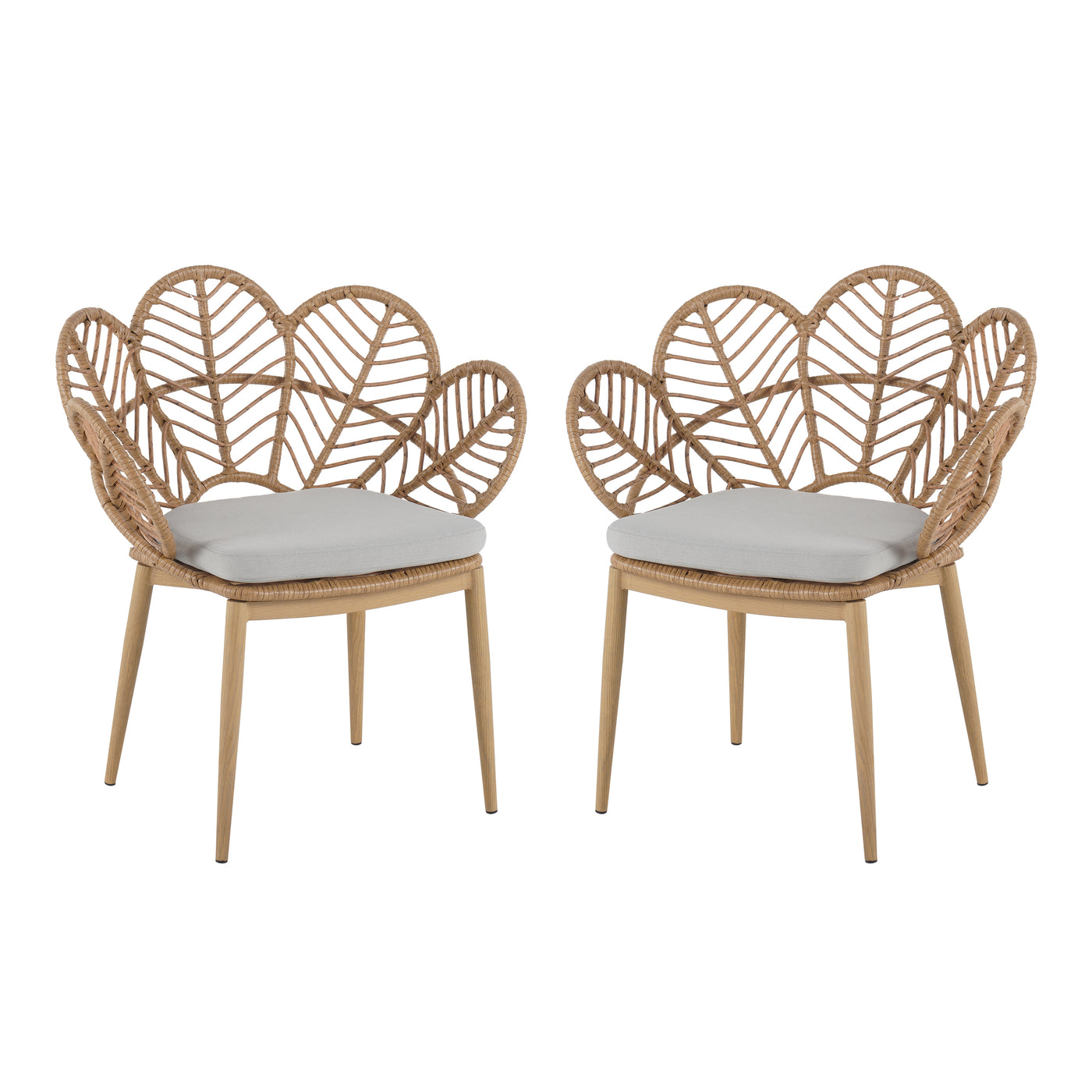 Kirk Outdoor Wicker Peacock Shape Papasan Style Chair with Teak Finished Leg, Light Brown Faux Rattan & Beige Cushion, Set of 2
