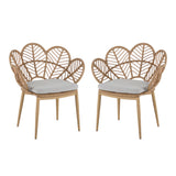 Kirk Outdoor Wicker Peacock Shape Papasan Style Chair with Teak Finished Leg, Light Brown Faux Rattan & Beige Cushion, Set of 2