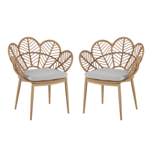 Kirk Outdoor Wicker Peacock Shape Papasan Style Chair with Teak Finished Leg, Light Brown Faux Rattan & Beige Cushion, Set of 2