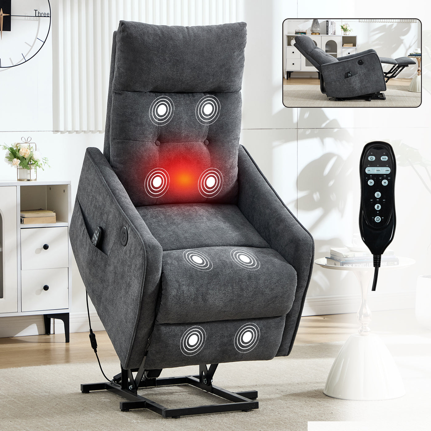Grey Chenille Power Lift Recliner Chair Massage Heat USB