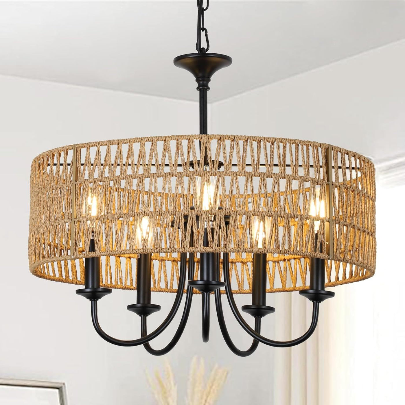 5-Light Rattan Wicker Pendant Chandelier Modern Farmhouse