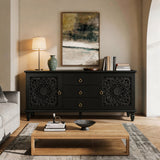 Farmhouse TV Stand with Hollow Carved Doors, Vintage Sideboard Buffet Storage Ca
