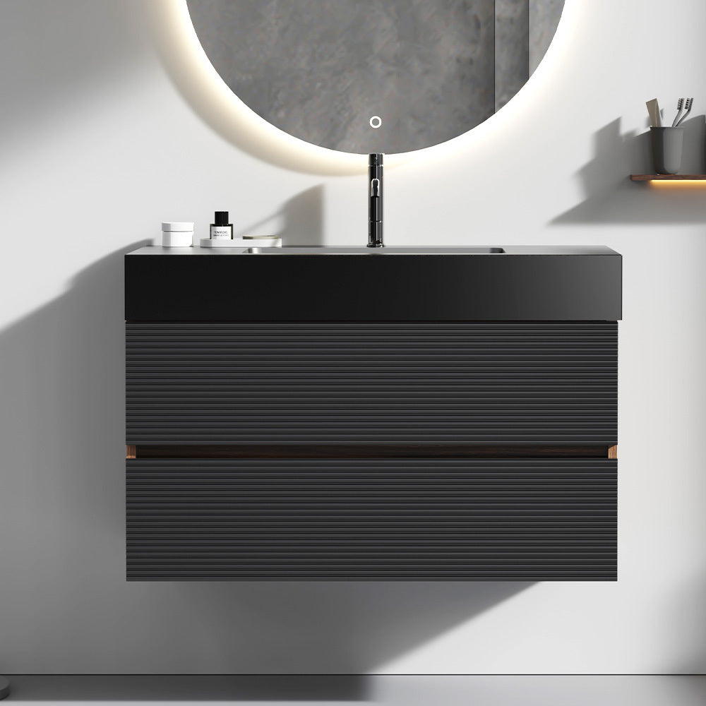 36' Walnut Bathroom Vanity with Matt Black Engineered Quartz Sink Soft Black Drawers