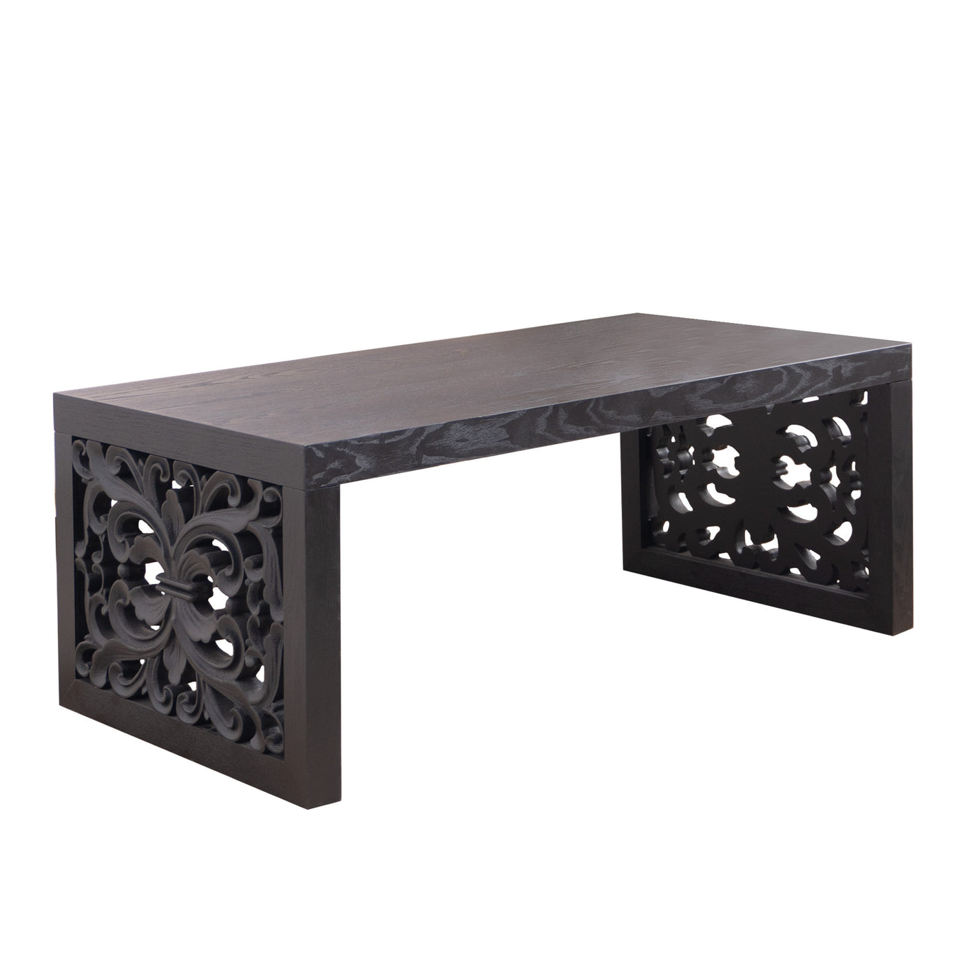 47.2 in Solid Black Carved Wood Coffee Table, Handcrafted Ornate Side Panels