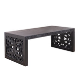 47.2 in Solid Black Carved Wood Coffee Table, Handcrafted Ornate Side Panels