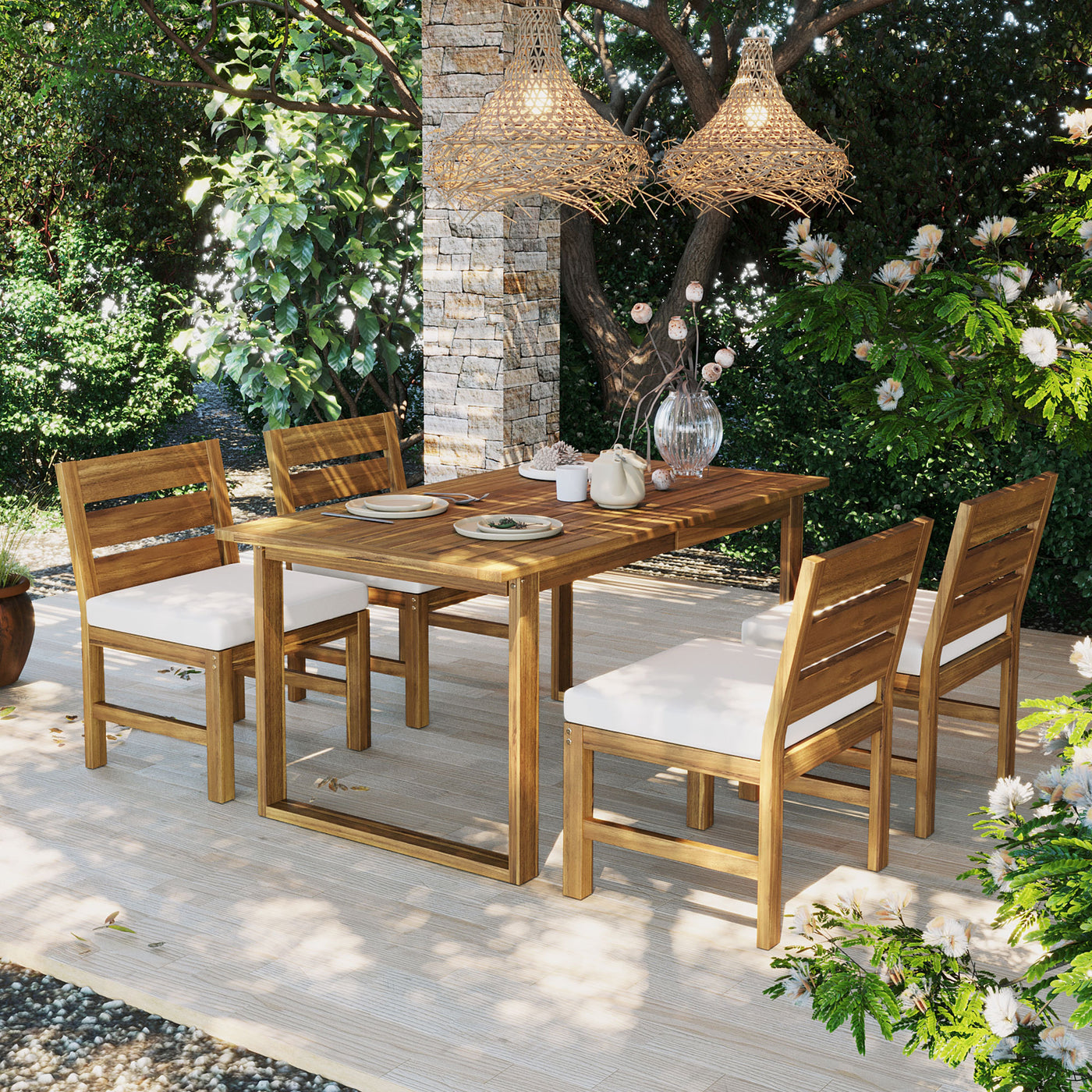 Farmhouse 5-Piece Acacia Wood Patio Dining Set