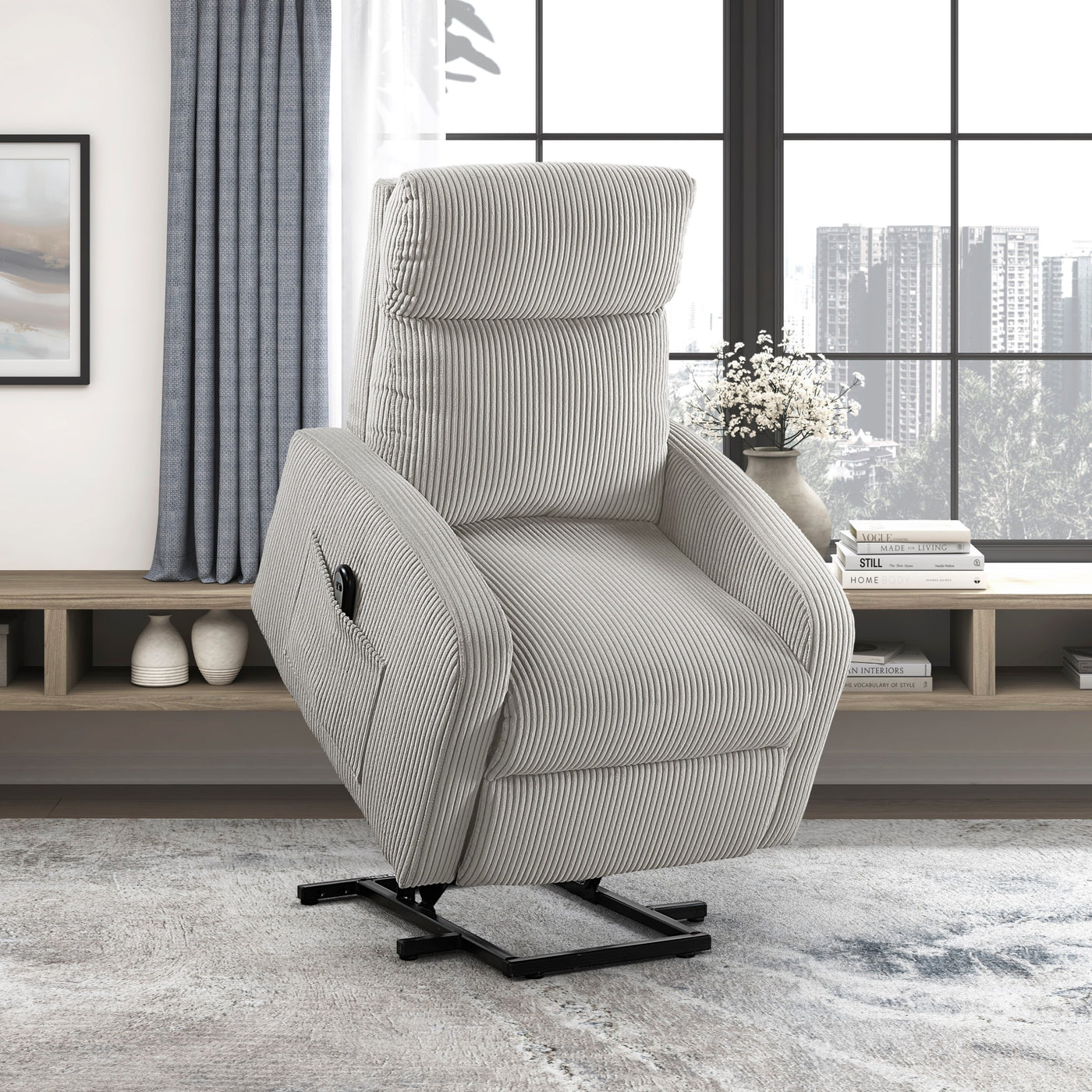 Light Gray Power Lift Chair Recliner Corduroy Plush