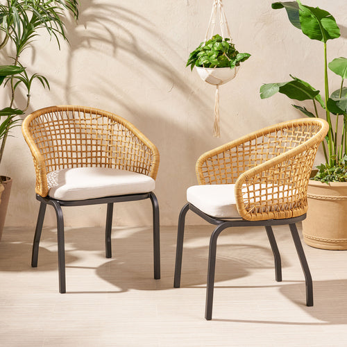 Outdoor Wicker Chair with Powder-coated Iron Legs Light Brown