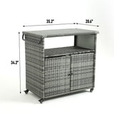Outdoor Wicker Bar Cart, Patio Wine Serving Cart w/Wheels