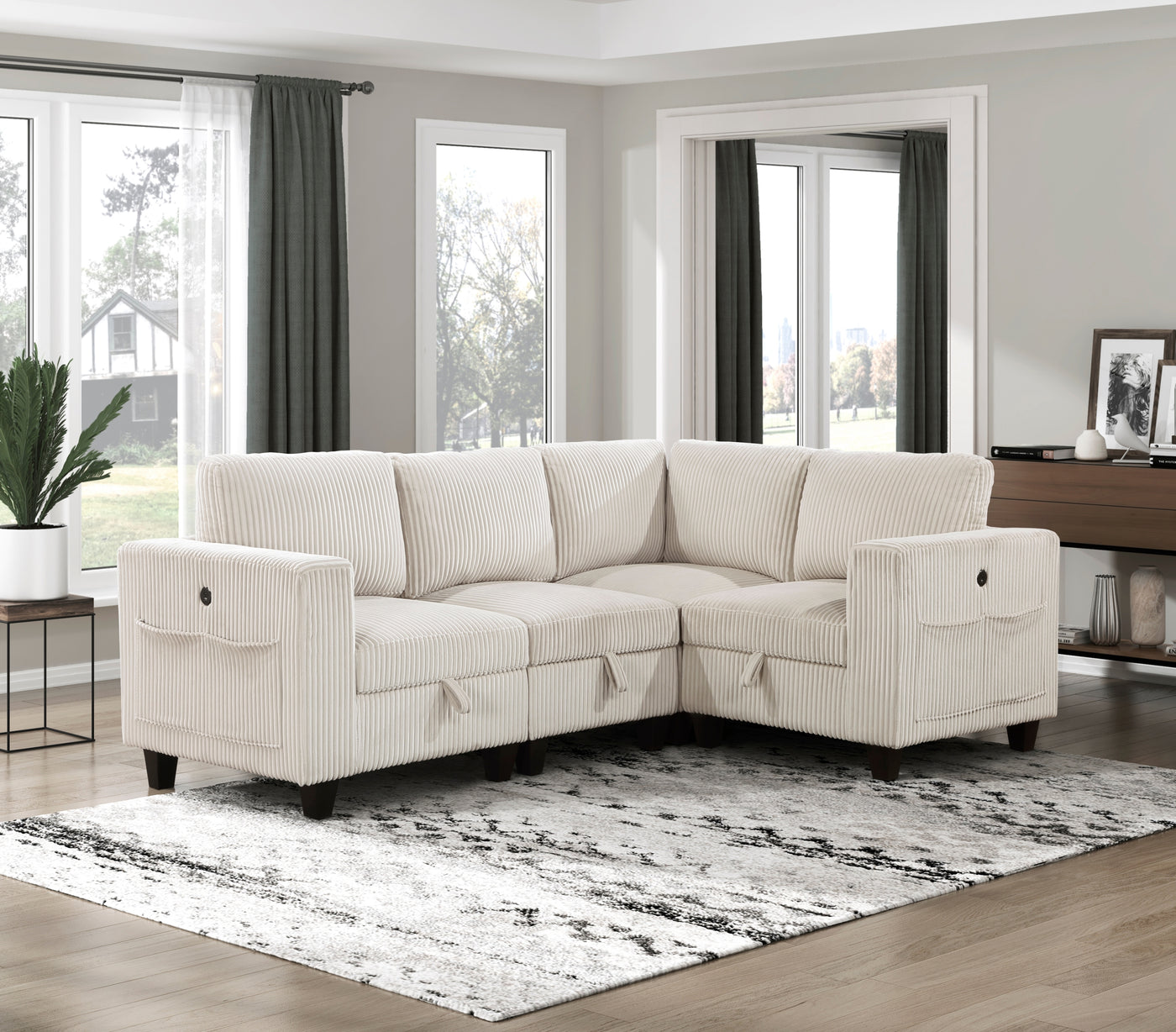 4-Piece Modular Sectional Sofa Beige Corduroy Storage