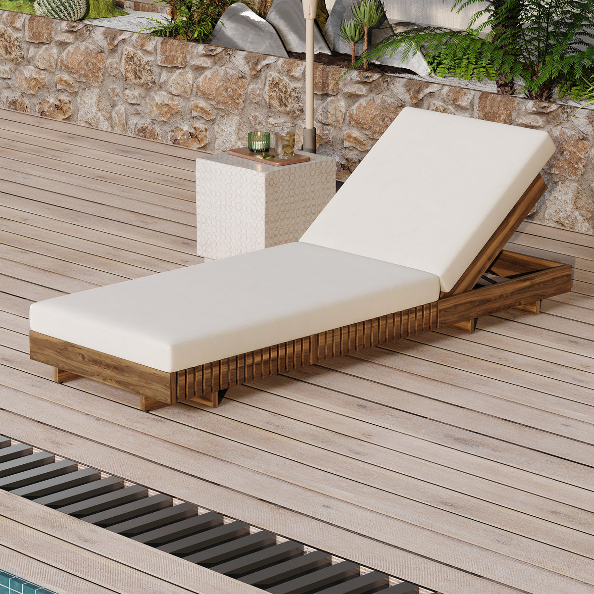 Outdoor Chaise Lounge Chair Solid Wood Teak