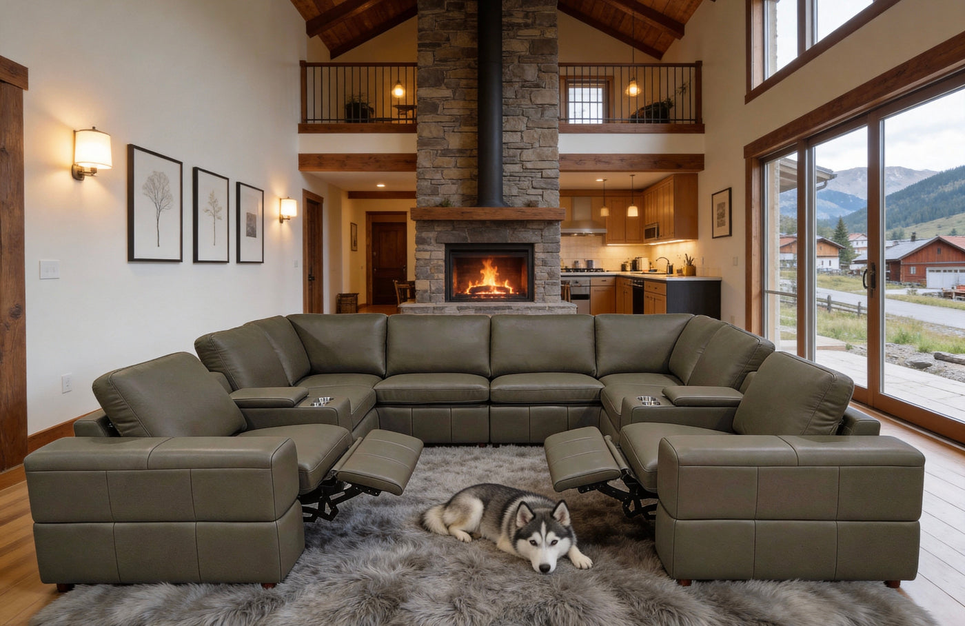 Sectional Sofa Modular Leather Match Olive 8 Seat 2 Recliners 128 In