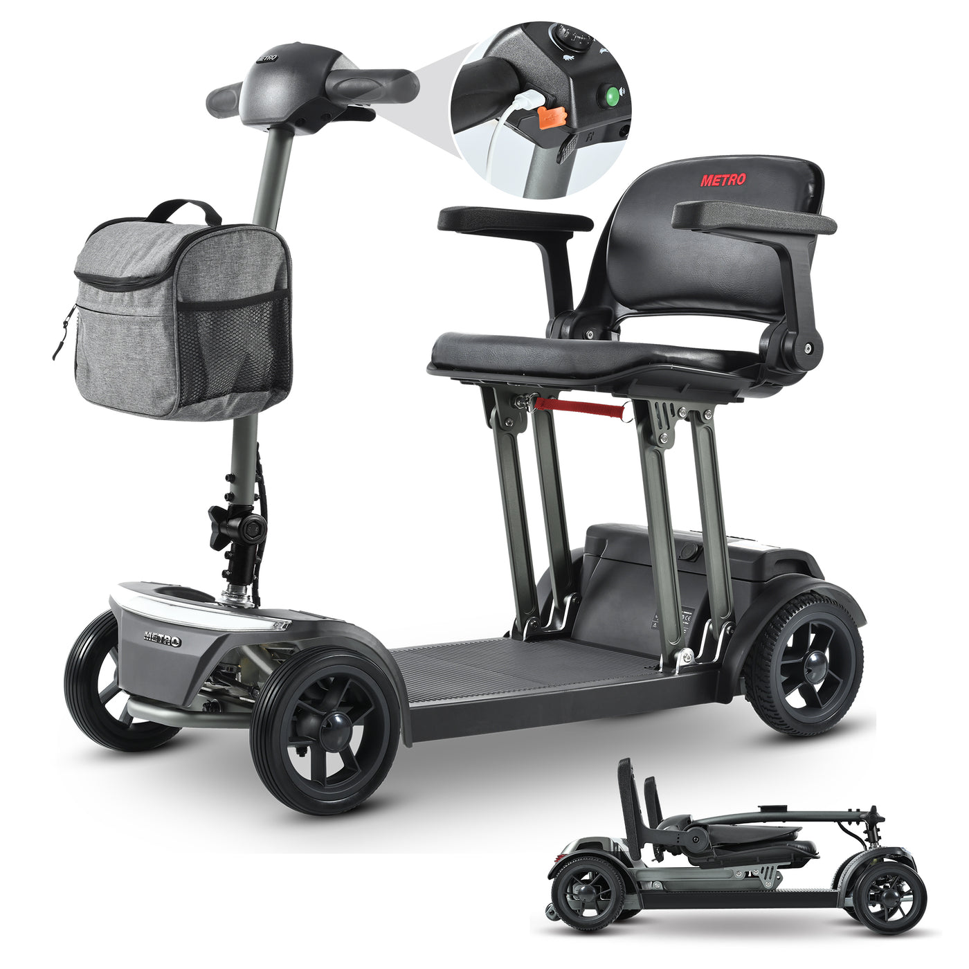 Mobility Scooter Folding Lightweight Metal Gray USB Port Travel Compact