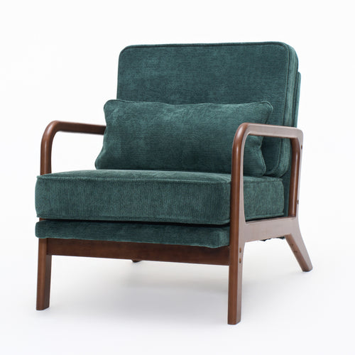 Accent Chair Mid-Century Lounge Dark Green Lumbar Cushion Wood Arms 26x29x30 In